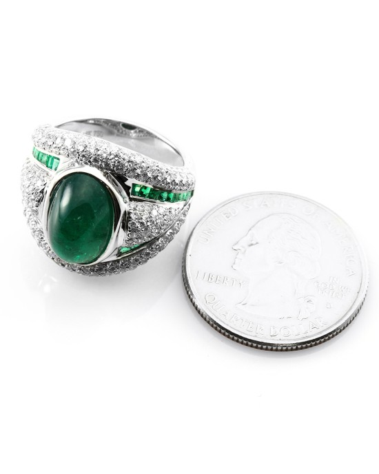 6.65ct Emerald & 2.53ctw Pave Diamond Statement Ring in 18K White Gold